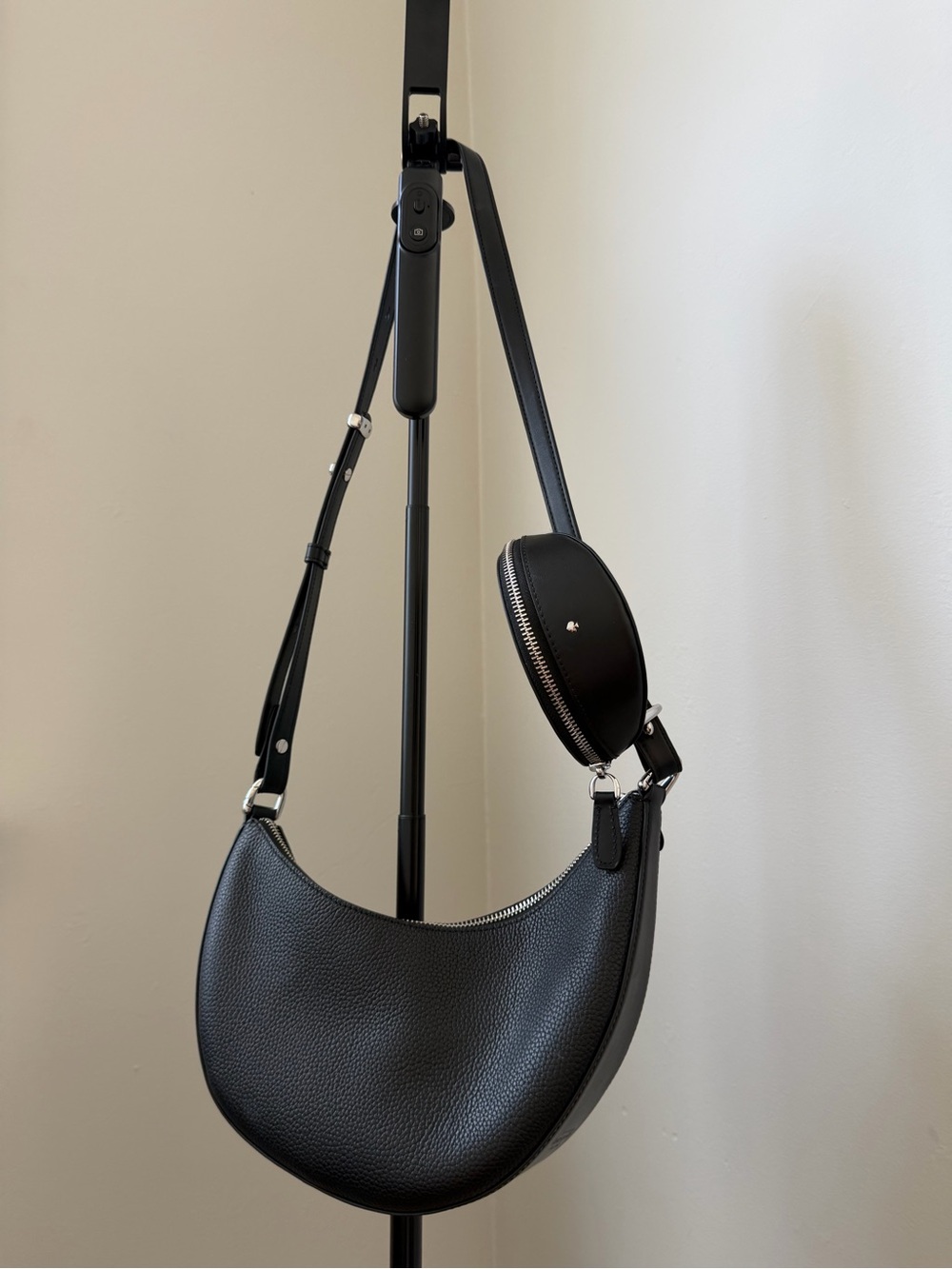 kate spade Black Pebbled Leather Crescent Shoulder Bag with Coin Pouch